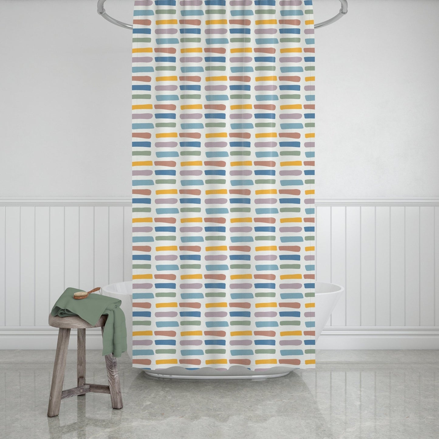 Boho Shower Curtain in Blue, Green, Yellow and Mauve Stripes