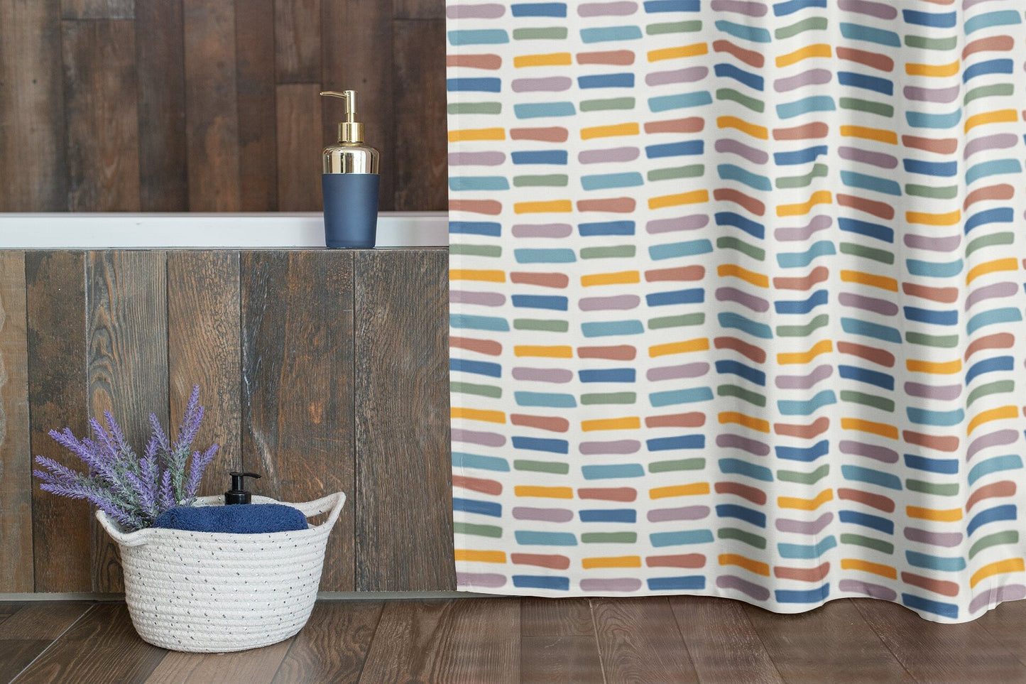 Boho Shower Curtain in Blue, Green, Yellow and Mauve Stripes