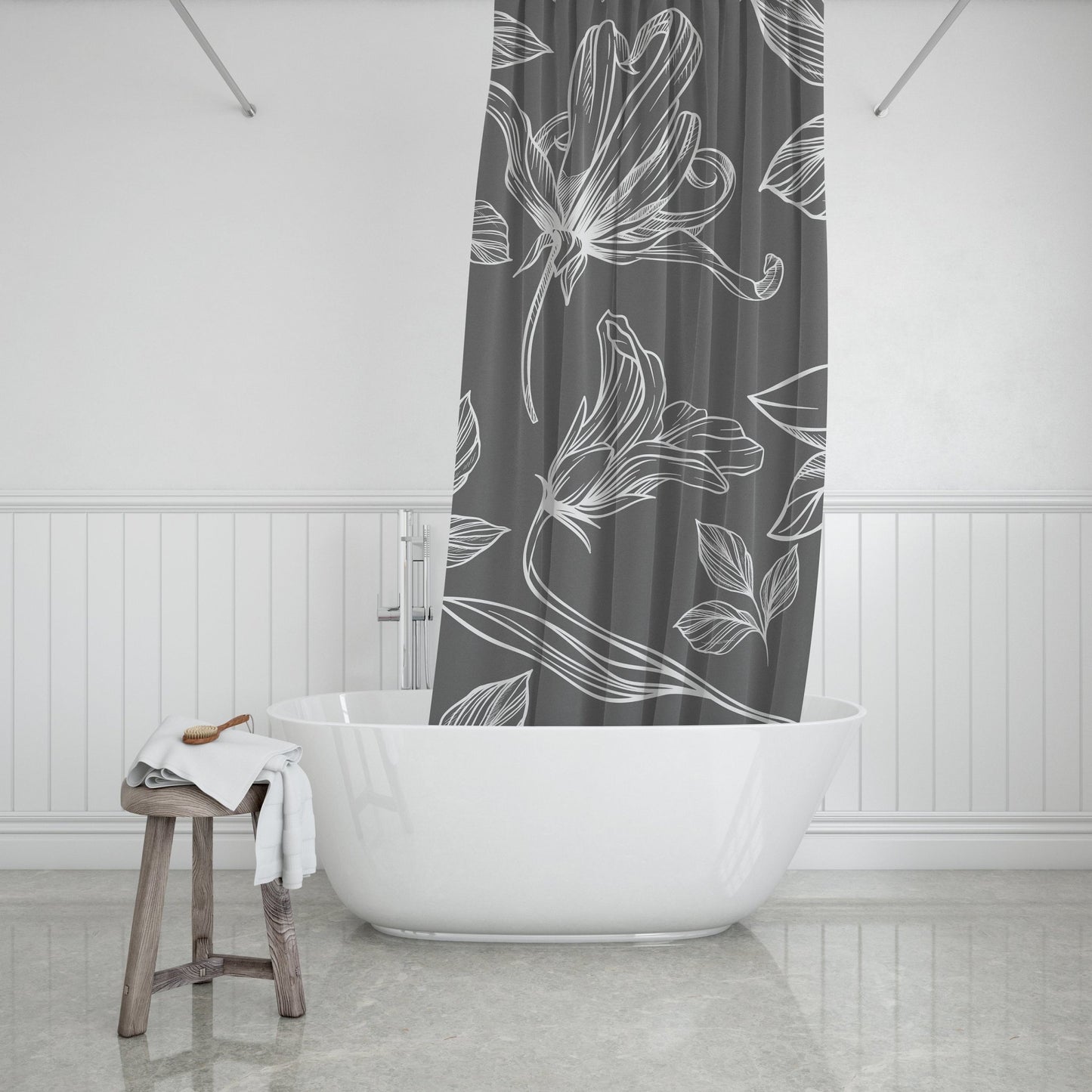 White and Gray Shower Curtain with Bold Floral Design