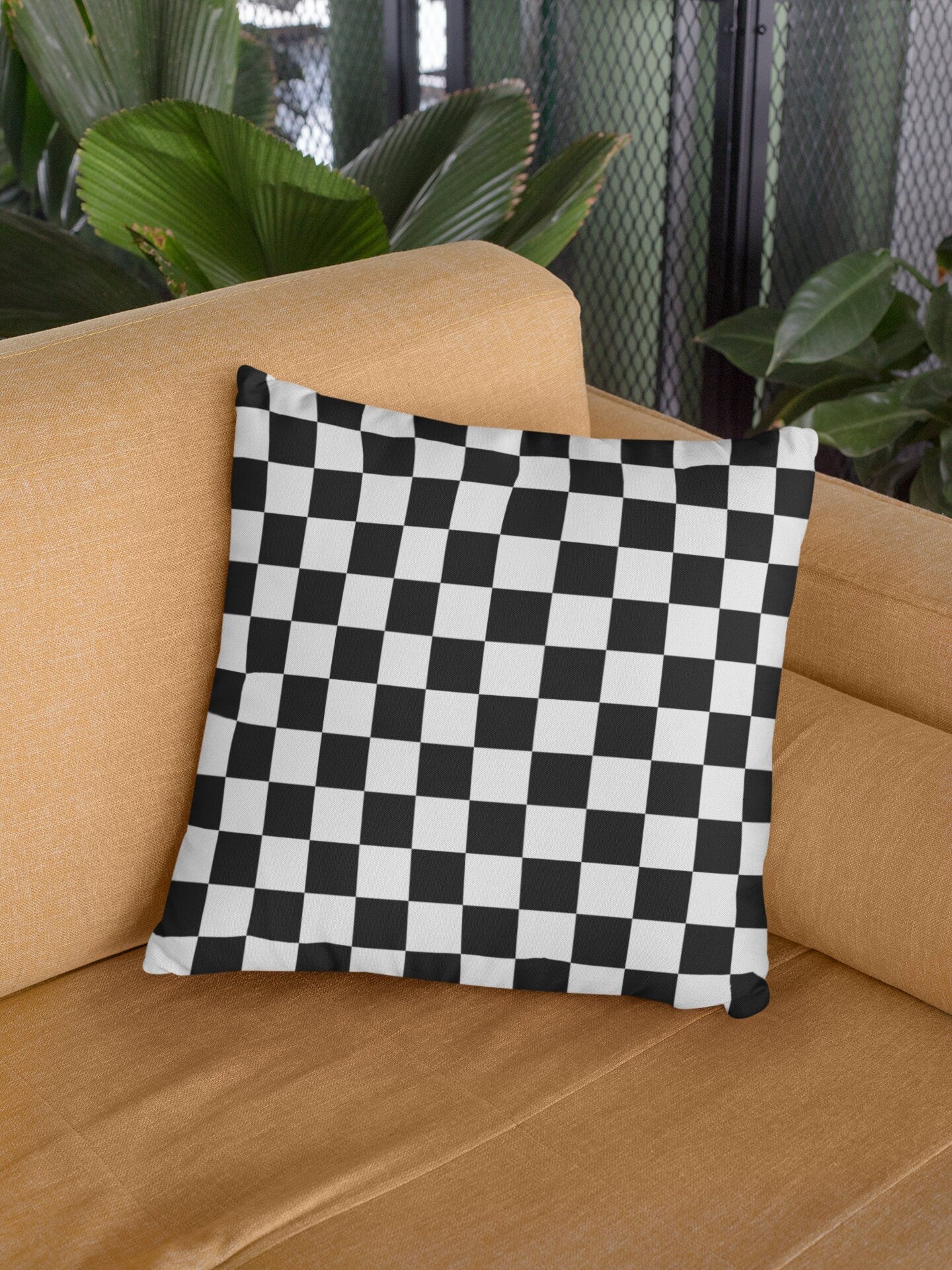 Black and White Checked Outdoor Pillow