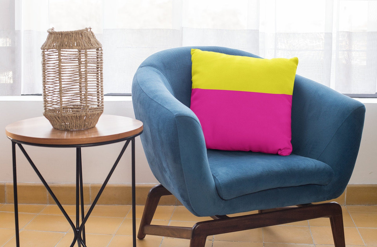 Bright Pink Pillow Cover with Yellow Color Block