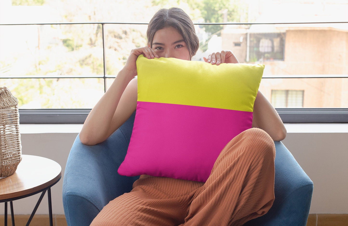 Bright Pink Pillow Cover with Yellow Color Block