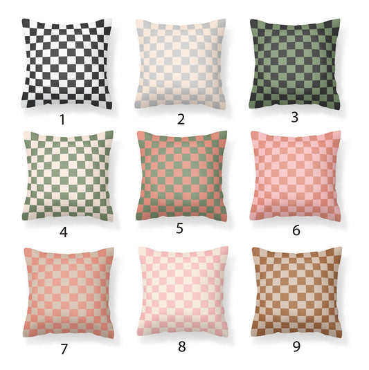 Checked Pillow Covers - Black, White, Green, Coral, Tan and Pink - Throw Pillows