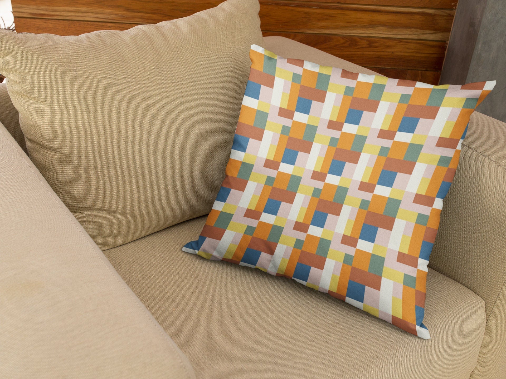 Colorful Outdoor Pillow - Geometric Orange, Blue, Pink and Green - Throw Pillows