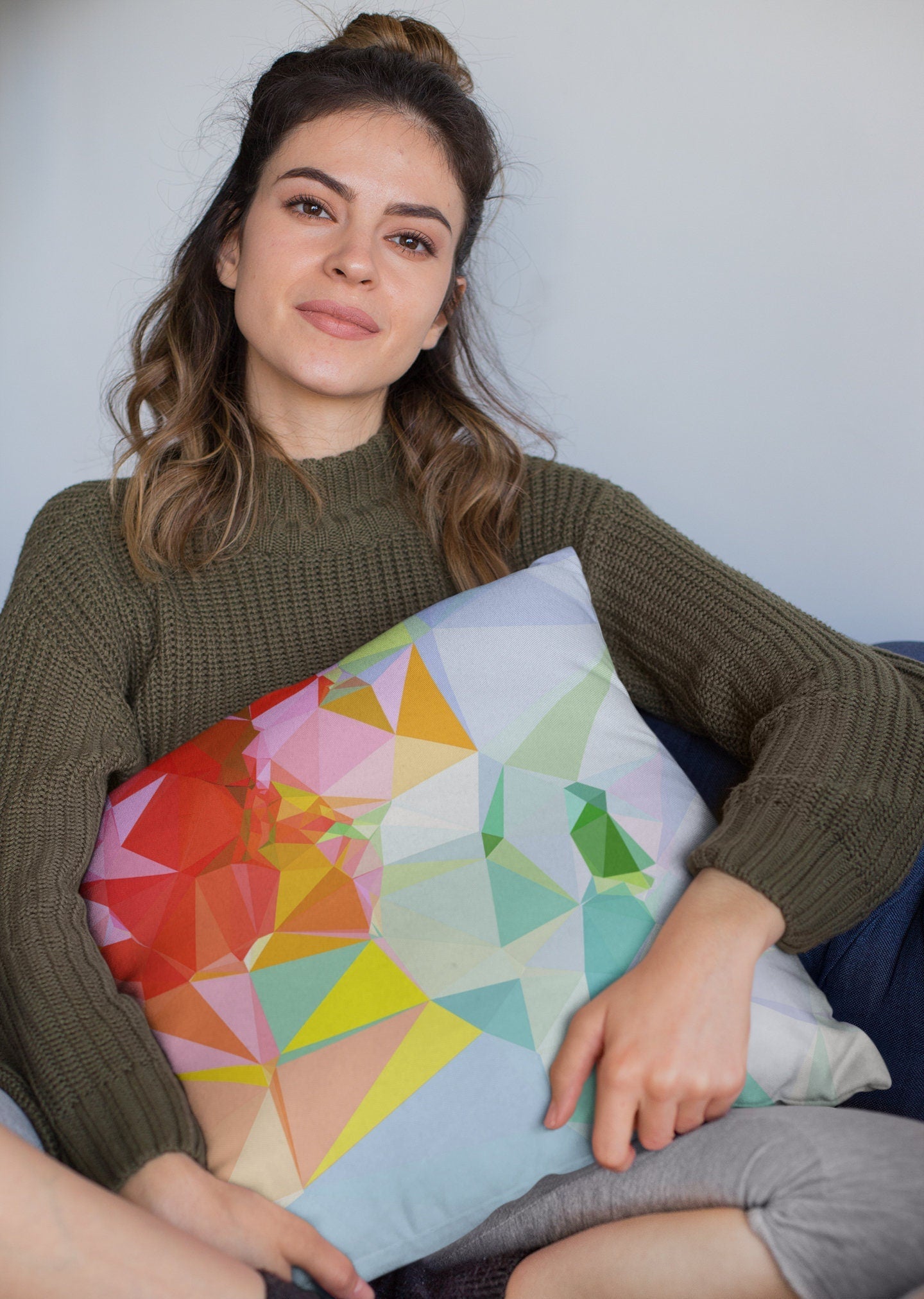 Geometric Pillow Cover - Light Blue, Orange and Pink