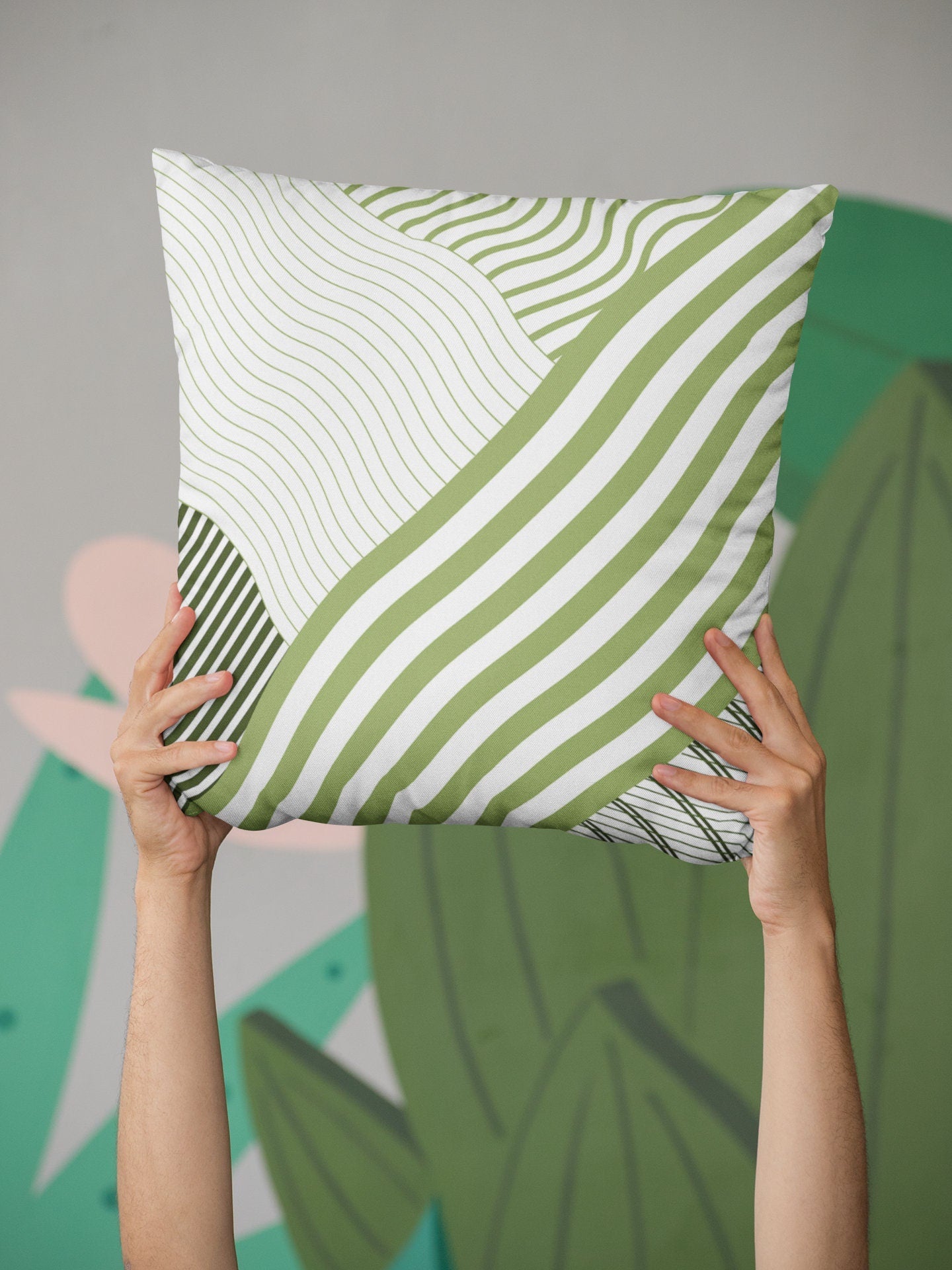 Green Striped Outdoor Pillow