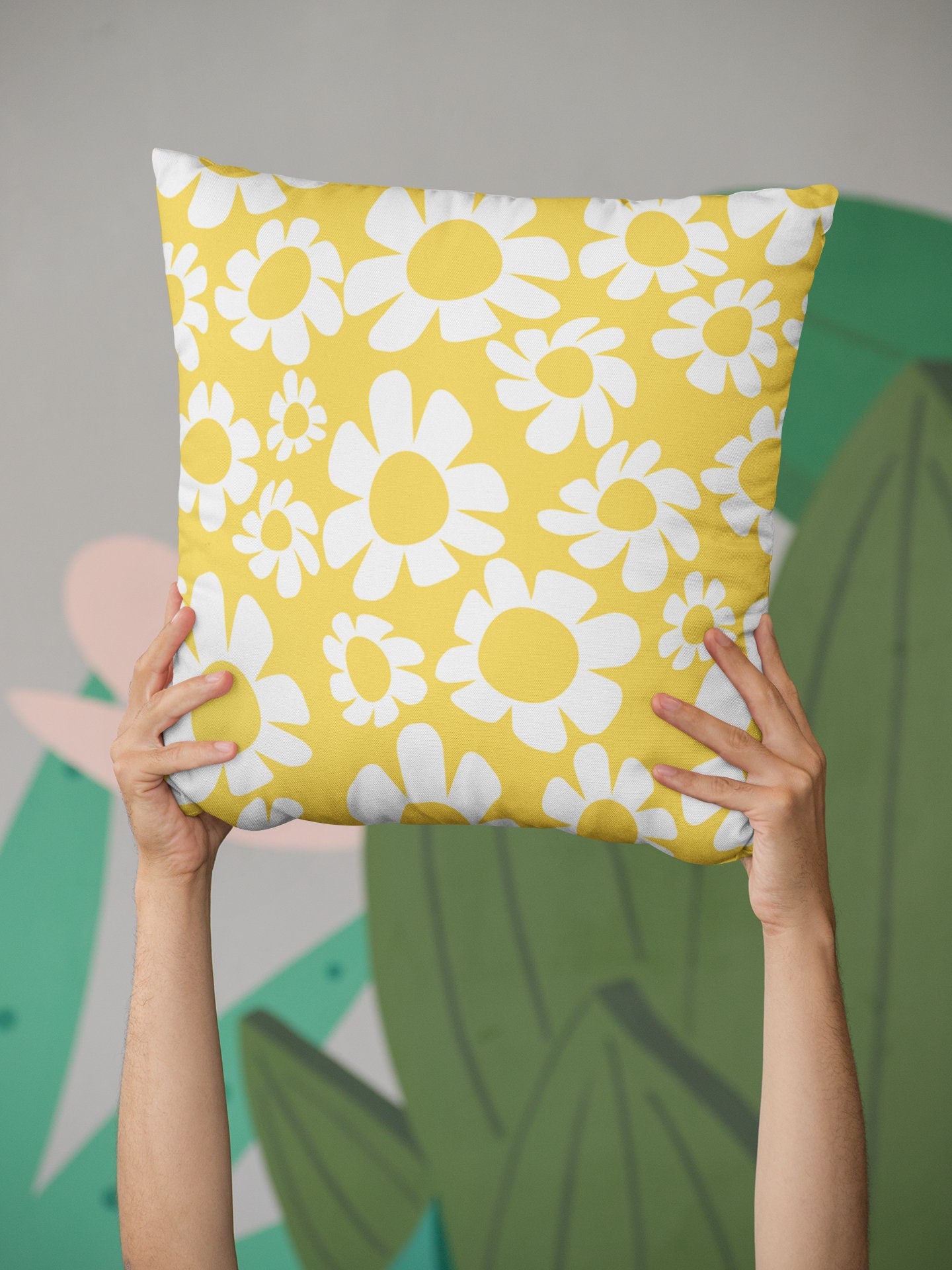 Outdoor Floral Pillow - Yellow and White Retro Daisies