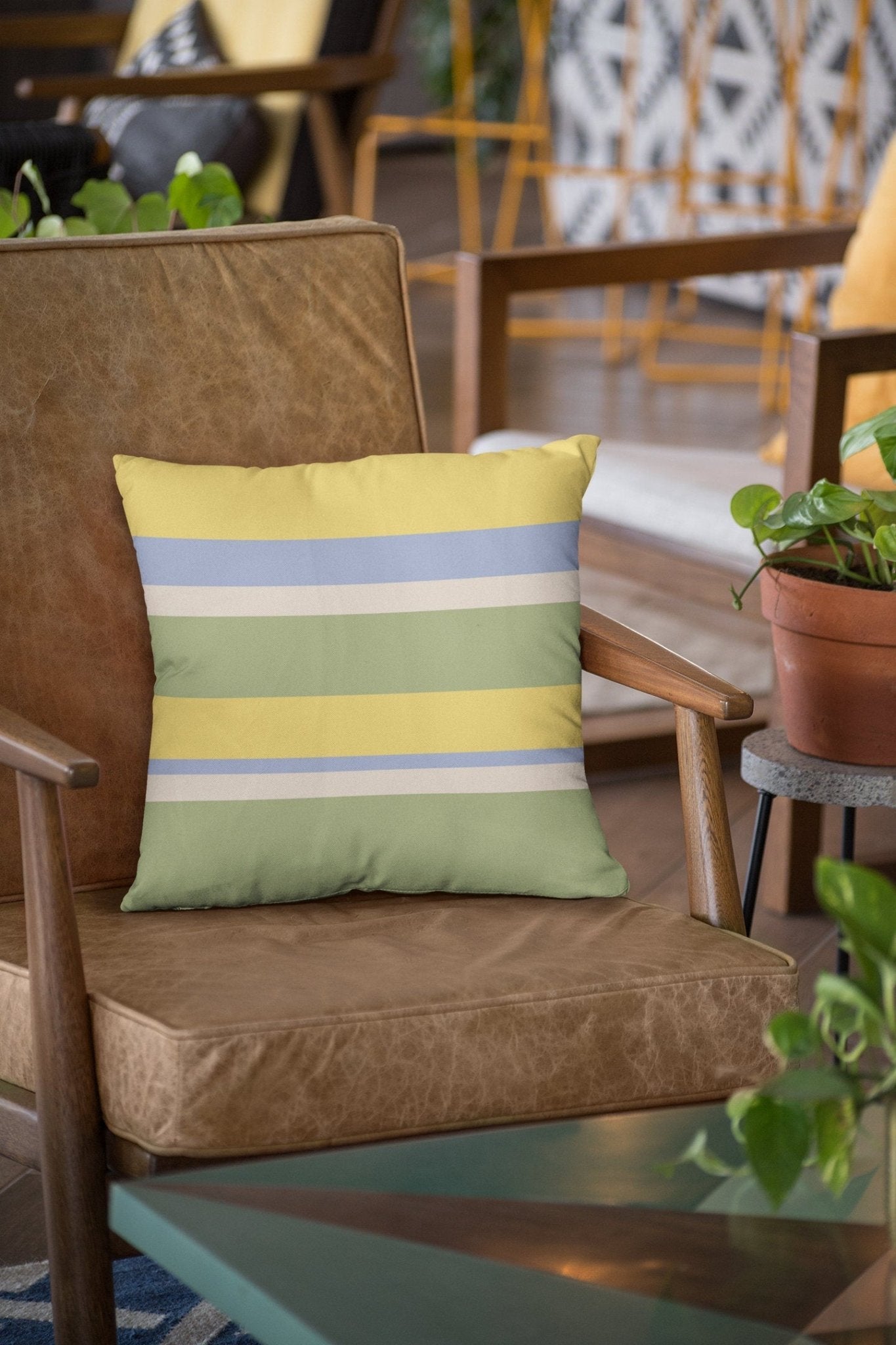 Outdoor Pillow - Green, Yellow and Blue Striped