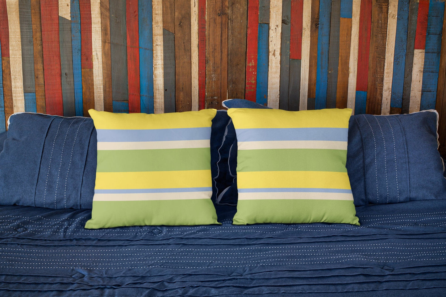 Outdoor Pillow - Green, Yellow and Blue Striped