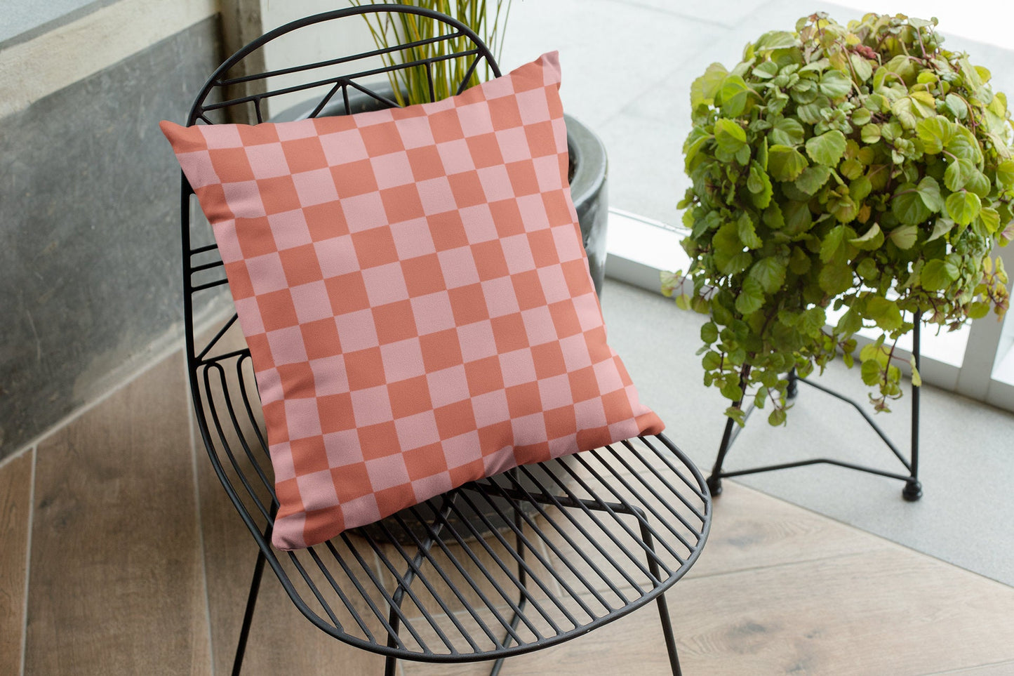 Pink and Orange Checked Outdoor Pillow