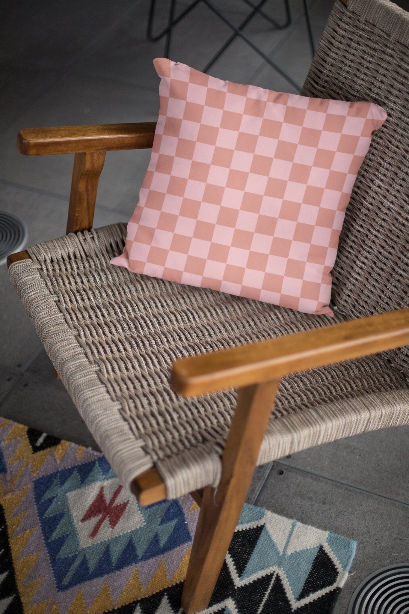 Pink and Orange Checked Outdoor Pillow