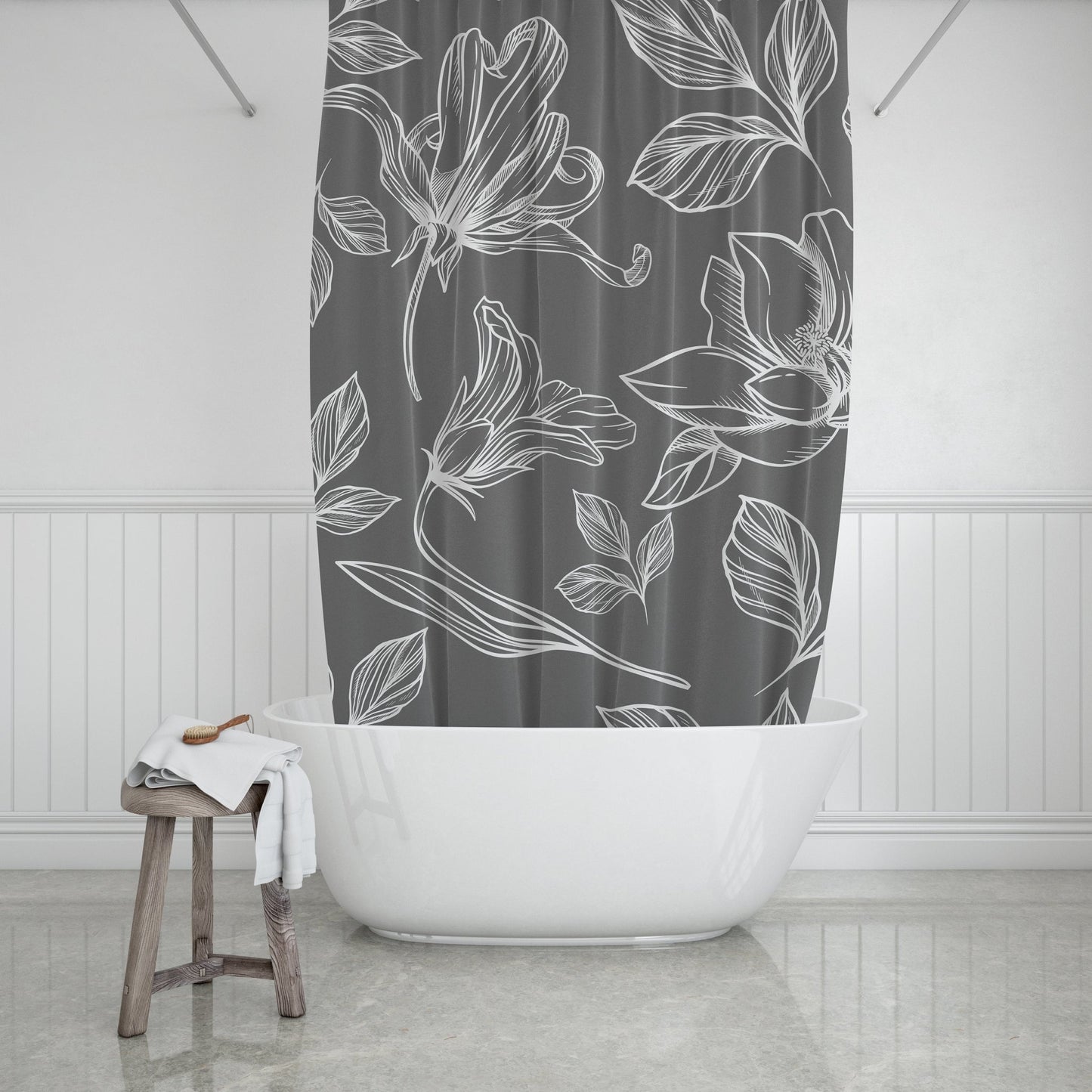 White and Gray Shower Curtain with Bold Floral Design